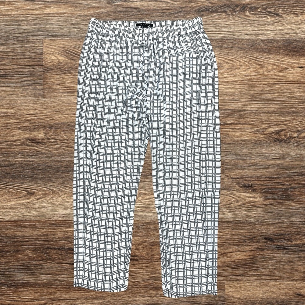 Theory Korene 100%‎ Silk Pants Womens M Ivory Plaid Pull-on Cropped Ankle